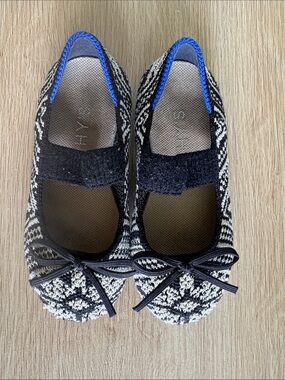 Rothy's Black and Cream Knit Mary Jane Flats with Bow Trim